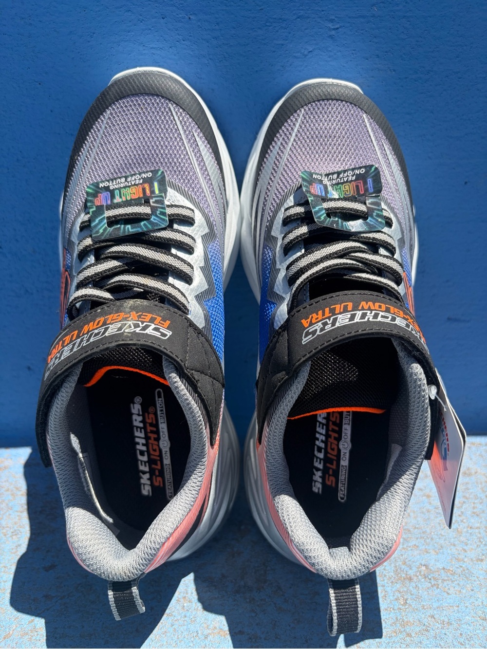 NWT Skechers Boys 3 Flex Glow Ultra Light Up Sneaker Shoe On/Off Button Black